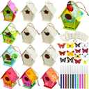 Outus 12 Pcs Wooden Birdhouse Craft Kits to Build, 4 Shapes Wooden Unfinished Bird House with Watercolor Pen and Butterfly Sticker for Boy and Girl Arts and Crafts Kits (Classic Style, 3.64 Inch)