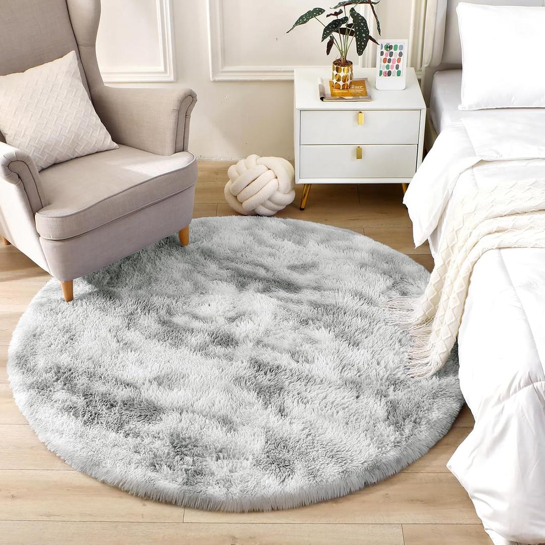 OPPODREAM Round Rugs 4ft for Play Room, Ultra Soft Circle Rug for Bedroom, 4 ft Fluffy Kids Carpet with 0.4" Thick Non-Slip Backing, Long Pile Shag Carpet, Fuzzy, Shaggy, Tie-dye Light Grey & Grey