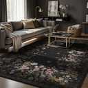 Nayoroom Dark Firefly Floral Black Area Rug 8x10, Faux Wool Soft Washable Non-Slip Rug, Dark Botanical Firefly Rug for Living Room Bedroom Mud Room.
