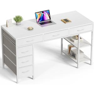Huuger Computer Desk with 6 Drawers, Office Desk with Shelves, Reversible Gaming Desk, Corner Desk with Storage, Work for Home Office, Study, Living Room, 47inch, White