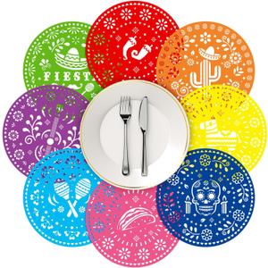 Havawish 104 Pieces Fiesta Paper Place Mats 13 Inch Mexican Papel Picado Fiesta Disposable Placemat Donkey Tacos Cactus Piata Round Table Mat for Day of The Dead Party Supplies Tableware Decor