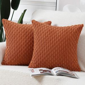 MADIZZ Pack of 2 Corduroy Decorative Throw Pillow Covers 18x18 Inch Rust Soft Boho Striped Couch Throw Pillows for Bed Pillowcases for Sofa Livingroom Home Decor
