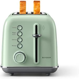 BUYDEEM DT620 2-Slice Toaster, Extra Wide Slots, Retro Stainless Steel with High Lift Lever, Bagel and Muffin Function, Removal Crumb Tray, 7-Shade Settings,Cozy Greenish
