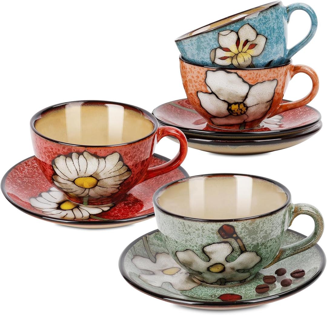 Cappuccino Cups Set of 4, 8 Oz Ceramic Coffee Cups with Saucers for Espresso, Tea, Latte Hand-Painted Porcelain Underglaze Design