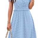 BTFBM Women Short Sleeve V Neck Swiss Dot Midi Summer Dresses 2024 Boho Ruffle Long Dresses Ruffle Wedding Guest Dress (Blue, S)