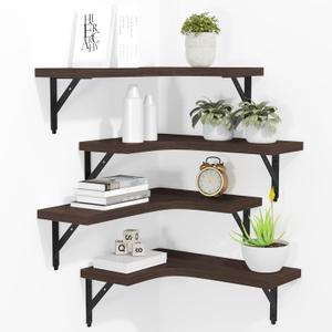 Corner Floating Shelves Wall Mounted Set of 4, Rustic Wood Storage Display Wall Shelves for Home Decor, Bathroom, Kitchen, Bedroom, Living Room, Office (Brown)