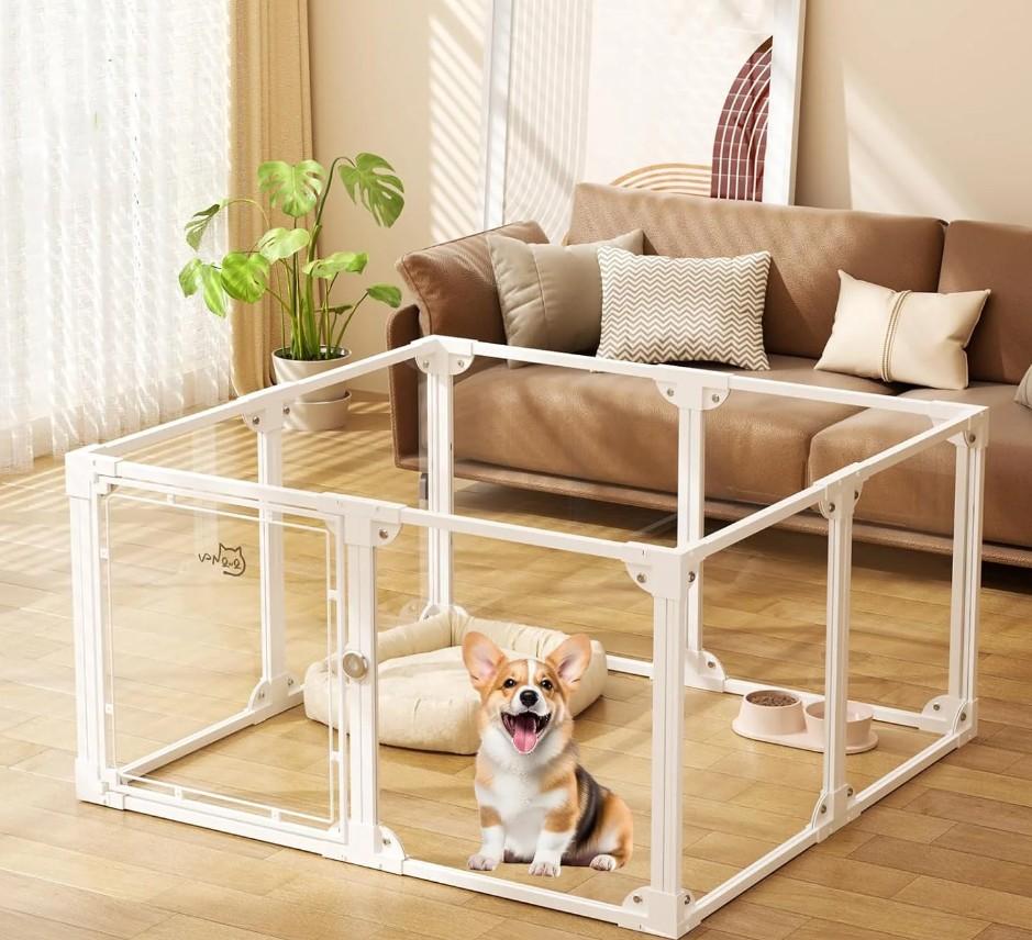 Clear Acrylic Metal Dog Playpen Indoor, Easy Assemble Transparent Puppy Playpen, Expandable & Durable Dog Fence for Puppies and Small Dogs (23.6" H, 8PCS)