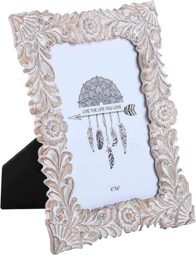 NIKKY HOME Farmhouse Boho Style Floral Picture Frame 4x6 Rustic Resin Photo Frame with Distressed White Finish, High Definition Glass for Table Top Display