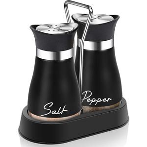 Black Salt and Pepper Shakers Set with Holder,4 oz kitchen accessories and decor for Restaurant, Wedding, Housewarming Gifts Refillable Design (Black)