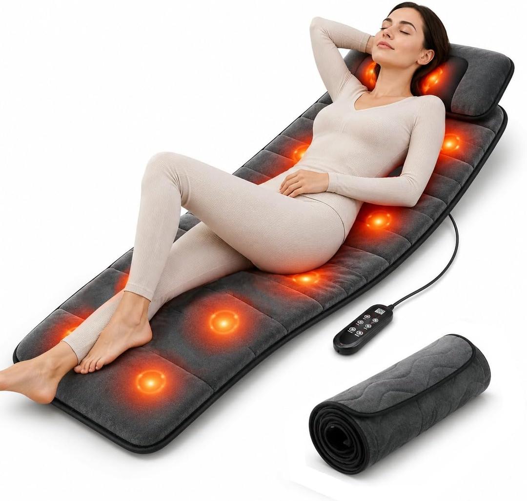 Full Body Massage Mat with Heat, Ultra Shiatsu Style Massage Pad Cushion, Body Massager Mat for Bed & Recliner,Back Massage for Bed, Vibration Therapy Pad for Total Body Massage Relaxation