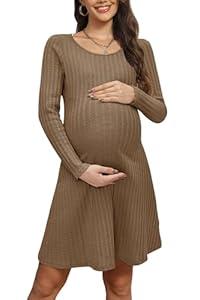 OUGES 2025 Fall Sweater Dress for Women Crew Neck Long Sleeve Knit Lightweight Casual Dresses (Large, Beige)