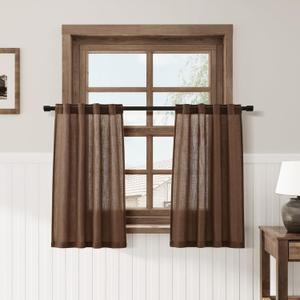 Caramel Brown Linen Cafe Curtains Linen Kitchen Curtain 24 Inch Length 2 Panels Semi Light Filtering Short Tier Drape with Back Tab Rod Pocket for Small Window Cafe Bathroom Over Sink 26Wx24L