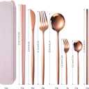 AARAINBOW 8 Pieces Stainless Steel Flatware Set Portable Reusable Cutlery Set Travel Utensils Set Including Chopsticks Knife Fork Spoon Straws Cleaning Brush Dishwasher Safe (Rose Golden)