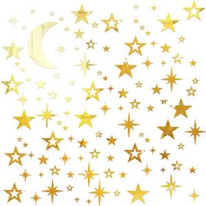 Shappy 100 Pcs Acrylic Moon Star Mirror Wall Stickers Decal 3D Acrylic Mirror Stickers Removable Decal for Room Good Night Nursery House Bedroom Wall Decor(Gold)