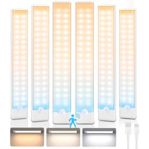 maylit 6 Pack Under Cabinet Lighting, 3 Color Temps Motion Sensor Light Indoor, Rechargeable Battery Operated Lights, Wireless Magnetic Light Bar for Kitchen Counter Closet Stair Shelf Display (9 inch)