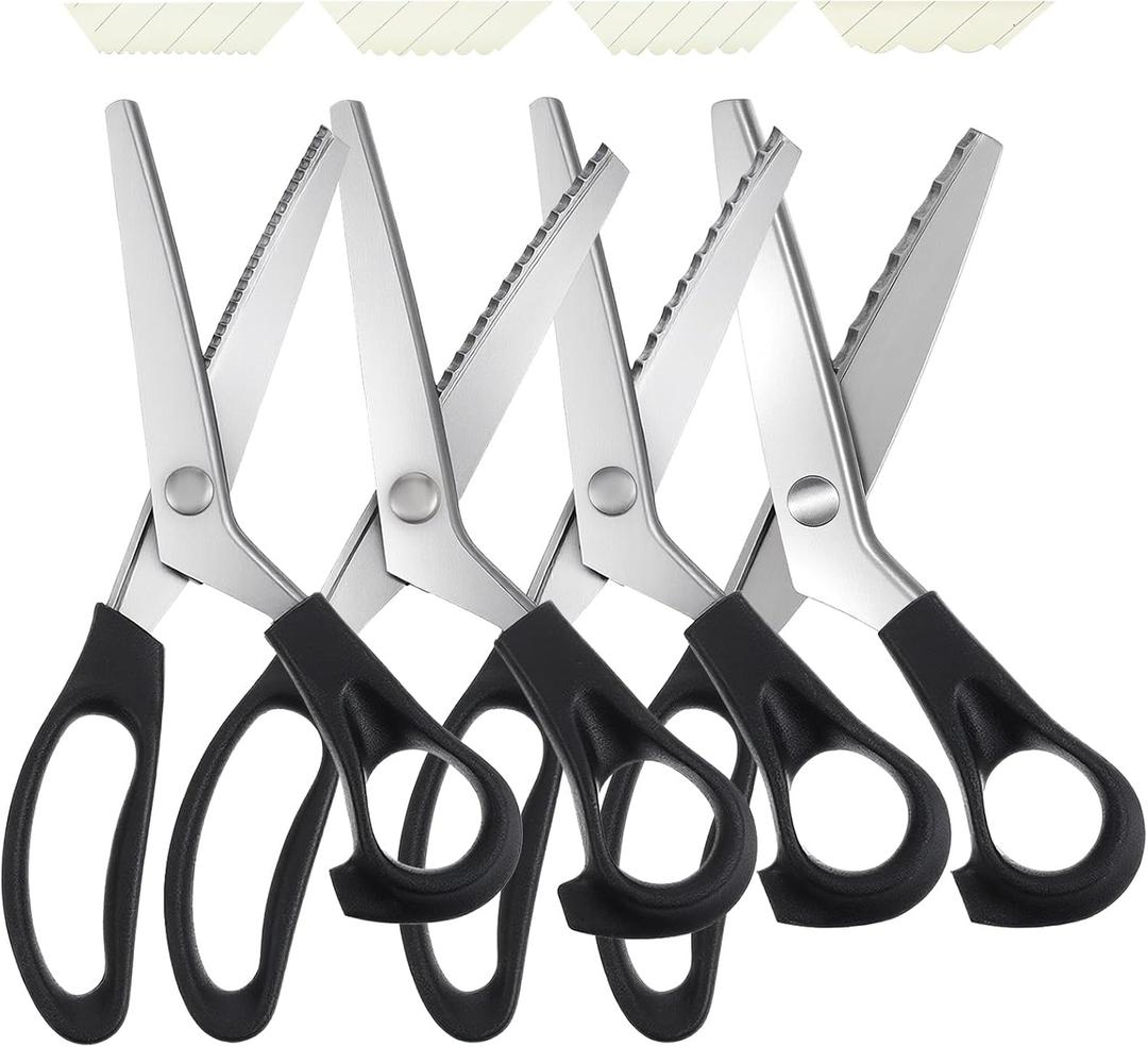 4 Pcs Pinking Shears Scissors for Fabric Cutting Scalloped 4mm/5mm/7mm/10mm, Felt Craft Scissors Zig Zag Cut Sewing 9.2" Handheld Jagged Dressmaking Supply for Leather Clothing Paper