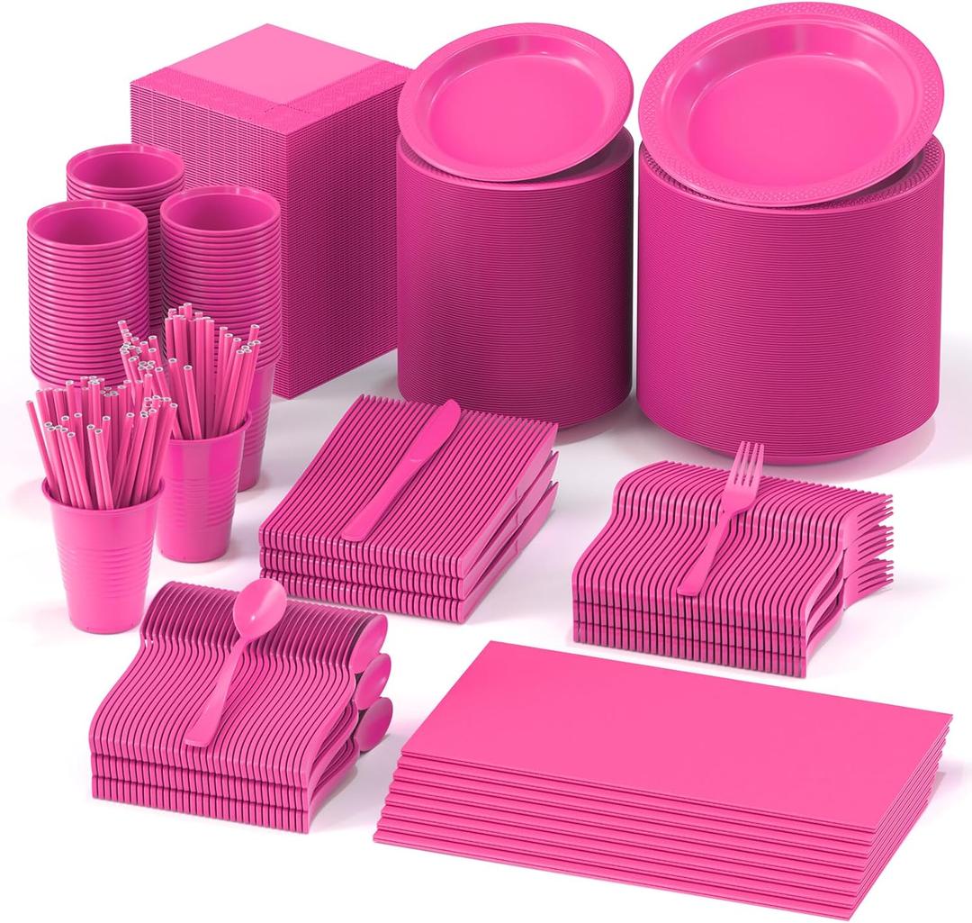 808 Pieces Disposable Plastic Dinnerware Set, Plastic Cutlery Set Includes 100 Of Each Dinner Plates|Dessert Plates|Cups|Napkins|Straws|Spoons, Forks & Knives (Hot Pink, 808PCS100 Guests)