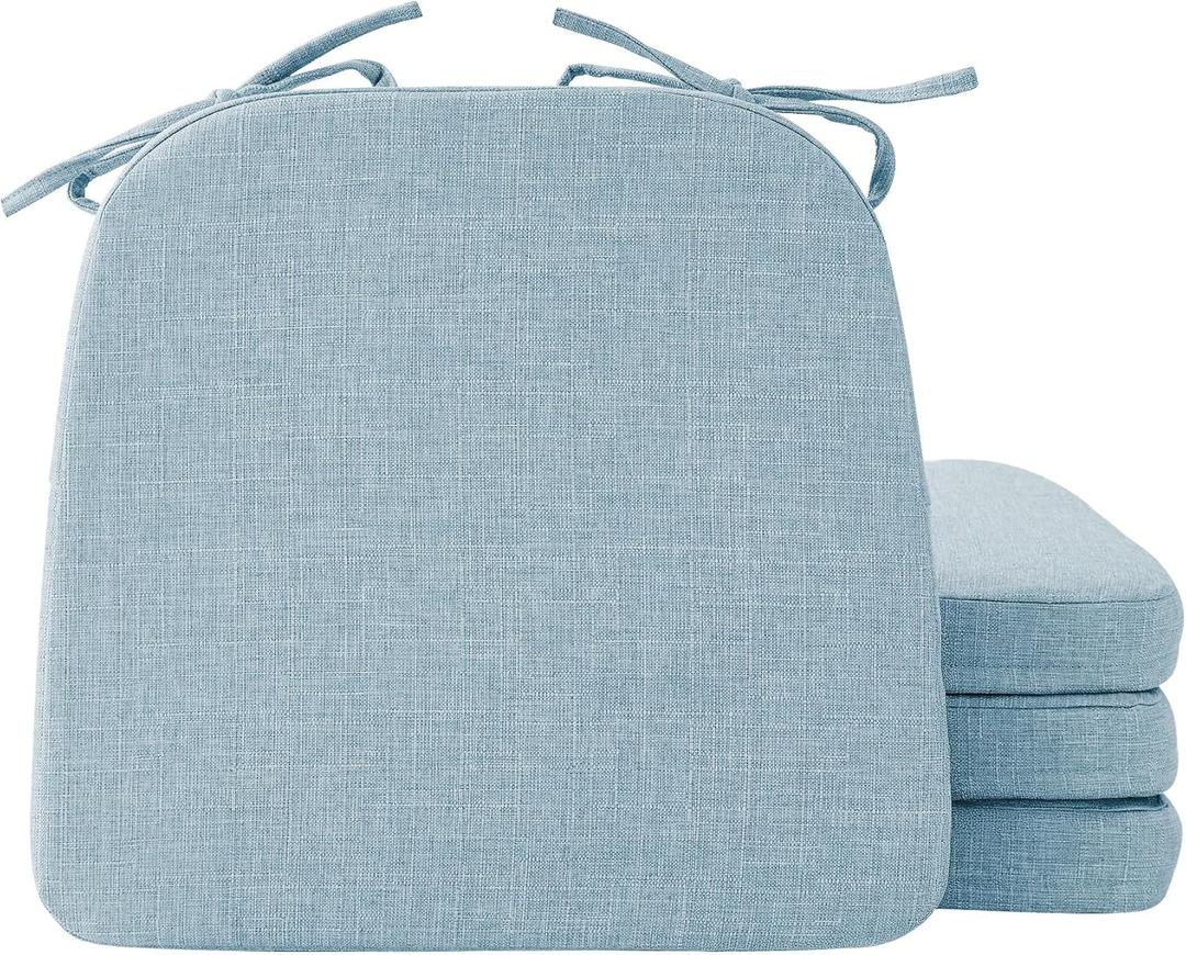 Ruqmuis Chair Cushions for Dining Chairs, 2" Thick Seat Cushions for Kitchen Chairs, D-Shaped Chair Pads with Washable Cover, Ties and Non Slip Backing, 17'' x 16'', Set of 4, Light Blue