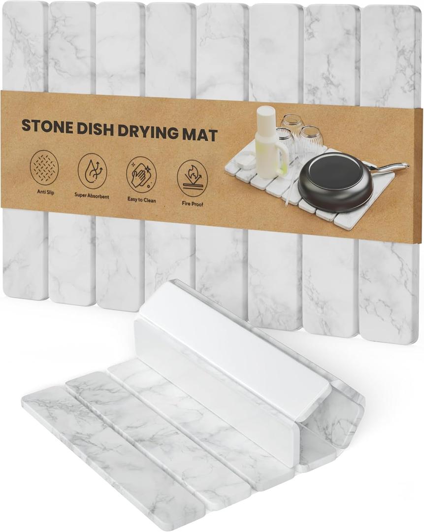 CHROME CLUB Stone Drying Mat for Kitchen Counter  Collapsible Diatomaceous Earth Dish Drying Stone  Fast Absorbent Stone Dish Drying Mat for Dishes and Pots (White Marble)