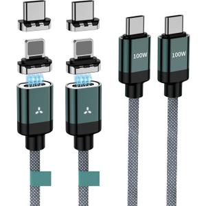100W 2 in 1 Magnetic USB C Charging Cable [2-Pack, 4/6.6FT] 480Mbps Data Transfer, 5A C to C Cable Fast Charging for iPhone 16/15/14/13 Pro Max, MacBook Pro,iPad,Galaxy S22,Pixel (Green)