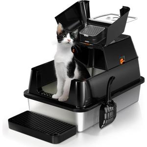 Stainless Steel Cat Litter Box with Lid, 180 Flip-Top XL Extra Large Enclosed Litter Box, Covered Metal High Sided Litter Pan with Steps & Scoop, Easy Cleaning, Odor Control,Non-Sticky-Black
