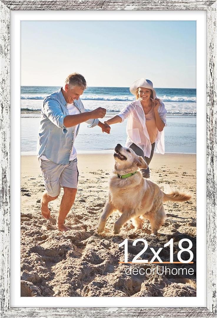 decorUhome 12x18 Picture Frame, Display Pictures 11x17 with Mat or 12x18 without Mat, Wall Mounting Photo Frame, Distressed White, 1 Pack