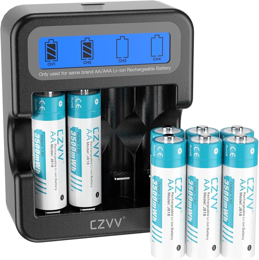 Lithium Rechargeable AA 1.5V Camera Batteries with 2.5'' LCD Fast Black Charger Combo, 8 Pack Large Capacity 3500mWh Dual A Long-Lasting 3.0A Output for Home & Industrial Devices, Cycles 1300x