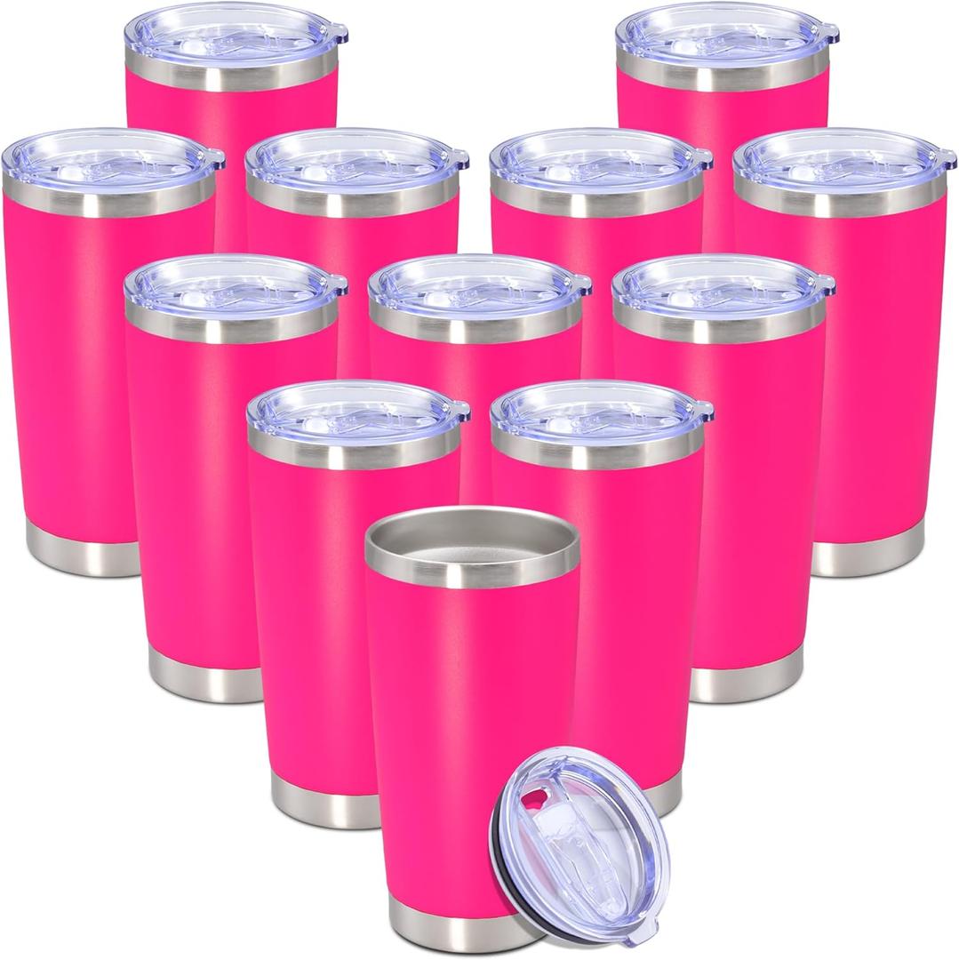 Eyasure 20 oz Tumbler with lid Double Wall Vacuum Insulated Tumblers Stainless Steel Coffee Mug Travel Coffee Tumbler Powder Coated Tumbler Cup Keep Hot&Cold - (Hot Pink 12 Pack)