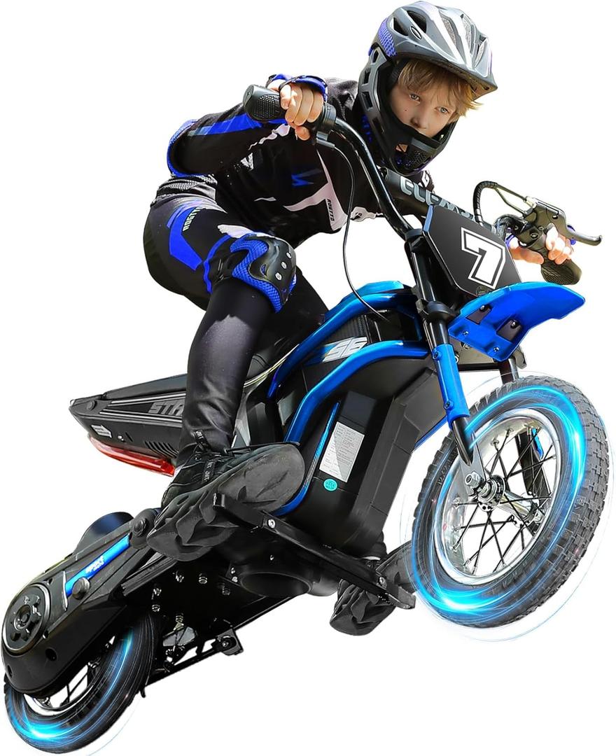 ELEMARA Electric Dirt Bike, 24V Ride on Toys for Big Kids, 350W Kids Motorcycle with Music & Bluetooth, 15.5 mph & 150lb Max, Twist-Grip Throttle & Hand-Operated Rear Brake, 12" Air-Filled Tires-Blue