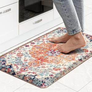 MAYHMYO Boho Kitchen Mat Anti Fatigue Ethnic Kitchen Cushioned Floor Mat Orange Blue Kitchen Rugs Non Slip Cool Rugs for Kitchen Floor Office (28"L x 17.3"W x 0.5"Th)