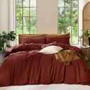 MooMee Bedding Duvet Cover Set 100% Washed Cotton Linen Like Textured Breathable Durable Soft Comfy (Solid Fired Brick Red, Queen 90"x90")