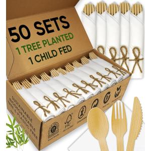 Premium Pre-Rolled Napkin and Bamboo Cutlery Set (50 Pack, 200 PCS) 100% Biodegradable, Eco-Friendly, Disposable Wrapped Cutlery - Includes Pre-Wrapped Bamboo Forks, Knives, Spoons, & Napkins