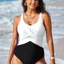 Pink Queen Women's Sexy One Piece Swimsuit Tummy Control V Neck Bathing Suits Colorblock Swimwear White and Black Small (S)
