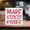 Romantic Gifts for Women Men Desk Decor Funny Hugs and Kisses Wood Sign for Home Living Room Bedroom Desk Shelf Table Decor 5 X 5 Inches Pack Of 6