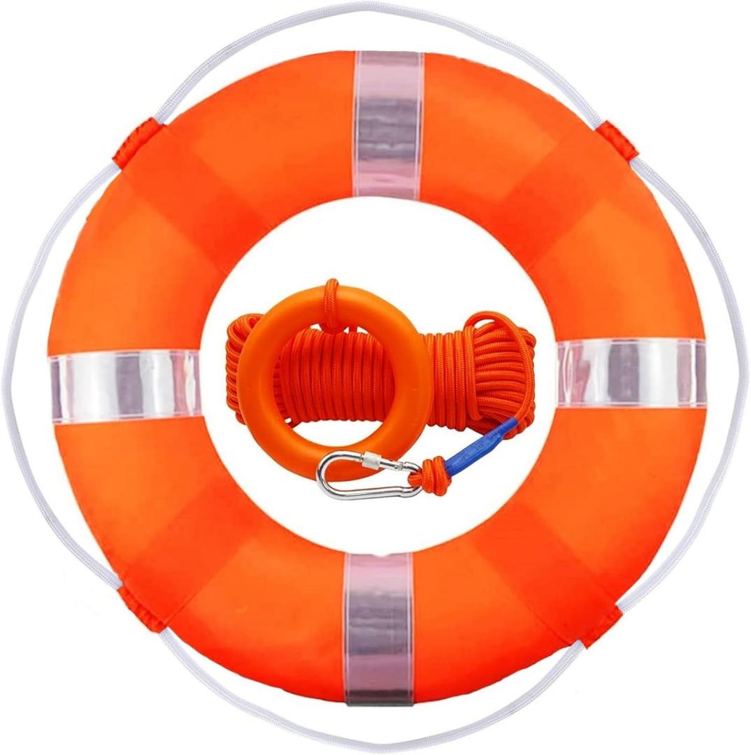 Lifebuoy Set 20Inch Life Preserver Ring and Water Floating Lifesaving Rope 98.4FT,Swim Foam Buoy, Swimming Pool Safety Throwing Ring with Perimeter Rope, Throwable Flotation Device (Orange)