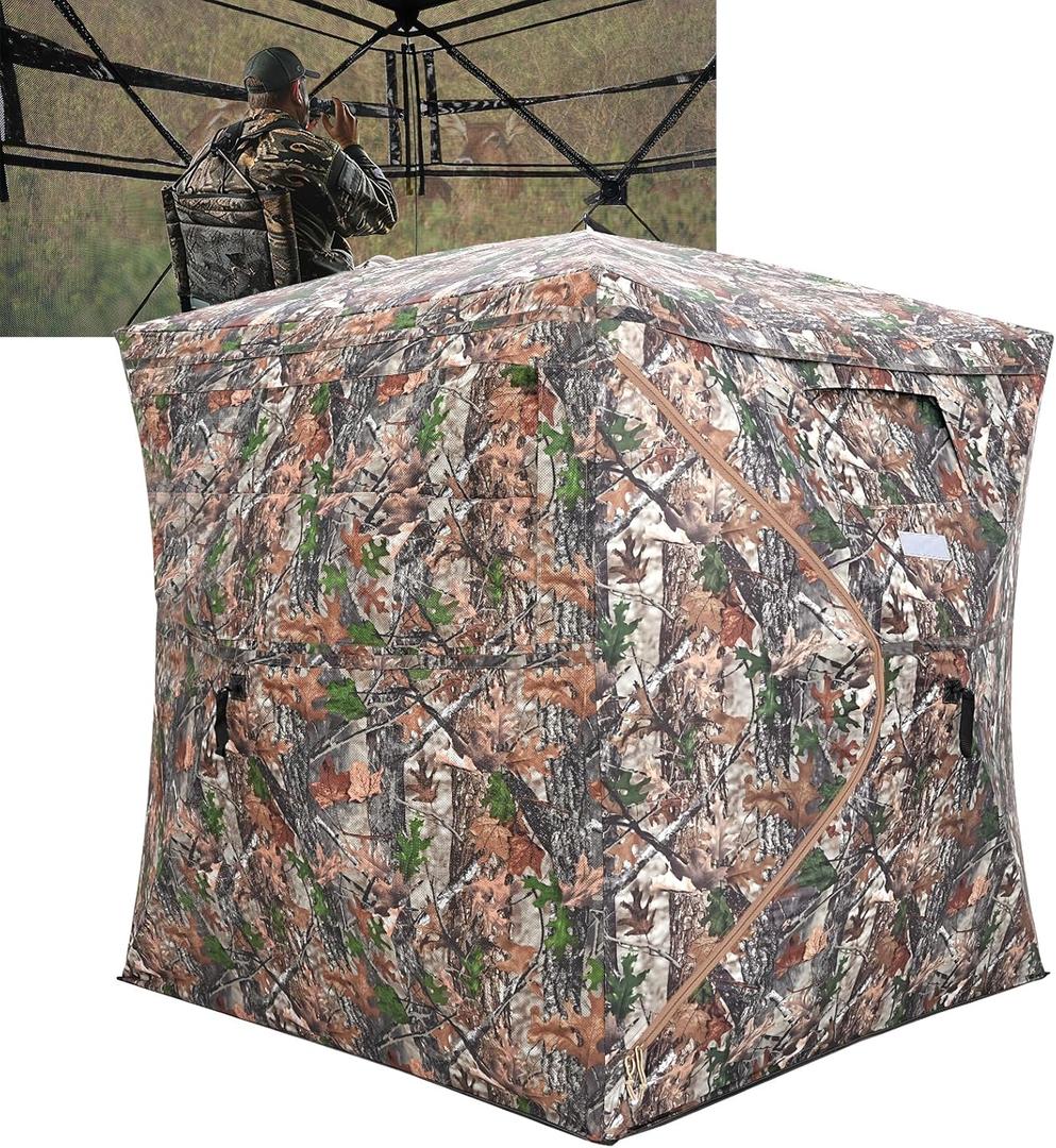 Portable Hunting Blind 270 See Through with Carrying Bag, 2-3 Person Pop Up Ground Blinds with Silent Zipper Door & Sliding Windows, Resilience Hunting Tent for Deer & Turkey Hunting (Light Woodland Camouflage)