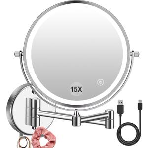 WallMounted LED Makeup Mirror 1/15 Magnifying  USB Rechargeable, 3Color TouchDim Light, 360 Swivel 8 Double Sided, 2000mAh Battery, Ideal for Hotel & Bathroom (Silver)