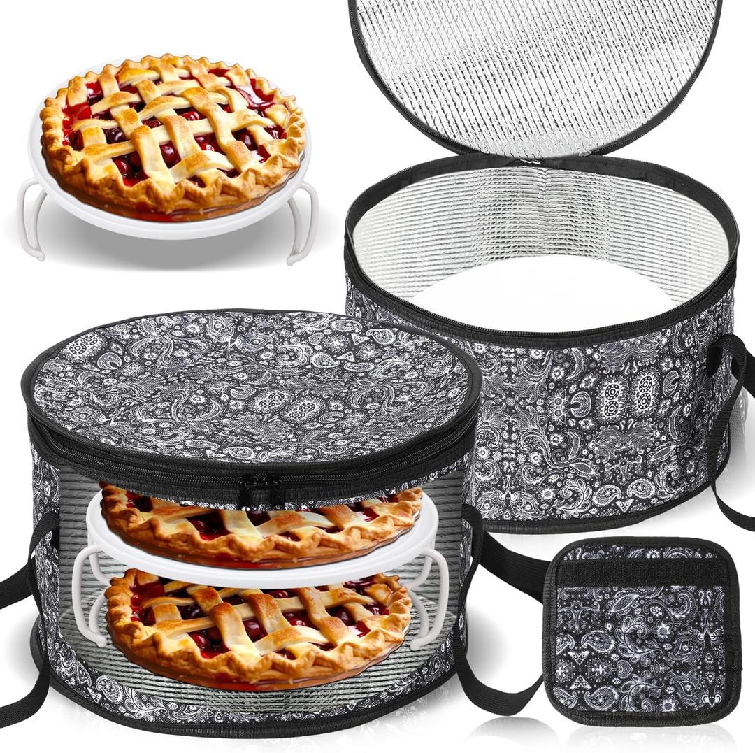 Pickmesh Round Pie Carrier 12 x 7 Inch Insulated Casserole Carriers with Lid and Detachable Handle for Hot or Cold Food Cake Transport Thanksgiving Christmas Gift(Black Paisley)