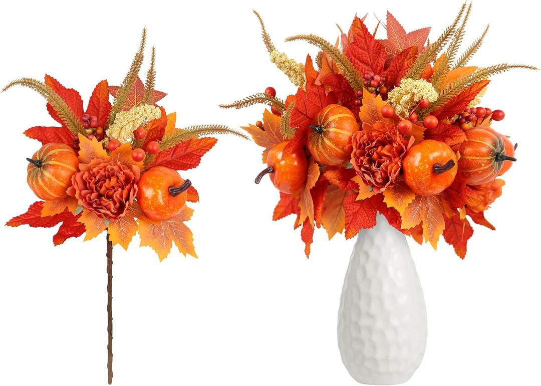 GOLUTYOK Fall Decor, 4PCS Artificial Autumn Pumpkin Berry Flower Maple Plant Stems Picks Vase Decorations, for Home Harvest Holiday Halloween Thanksgiving Table Indoor Decor