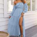 ZESICA Women's Boho Off Shoulder Wedding Guest Dress 2026 Spring Summer Side Split Flowy A Line Long Maxi Dresses (Blue, M)