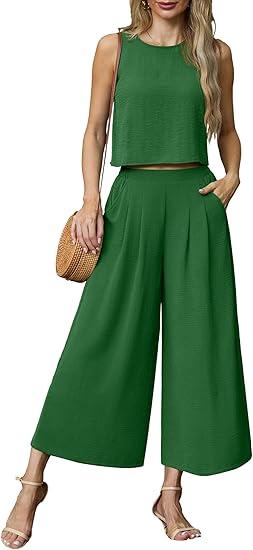 Lepunuo Womens Summer 2 Piece Outfits Sleeveless Crop Top Flowy Wide Leg Pants Matching Sets Vacation Beach Travel Outfits (A- Dark Green, S)