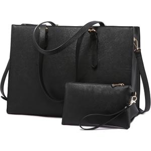 LOVEVOOK 17.3-inch Laptop Bag for Women, Large Capacity Travel Tote Bag with Clutch Purse 2PCs Set, Professional Business Computer Work Bag, Leather Shoulder Briefcase for Office Lady, Black (17 Inch, 1 Black)