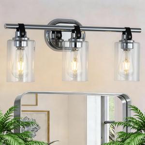 3-Light Bathroom Light Fixtures, Chrome Bathroom Vanity Lights with Clear Glass Shade, Modern Wall Light Sconce for Mirror Farmhouse Rustic Restroom Kitchen Living Room Hallway, 22.44*5.51*9.65"