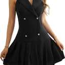 2025 Women's Notch Lapel V Neck Mini Dress Double Breasted Sleeveless, High Waist Pleated Skirt Vintage Audrey Hepburn Style (Black, XL)