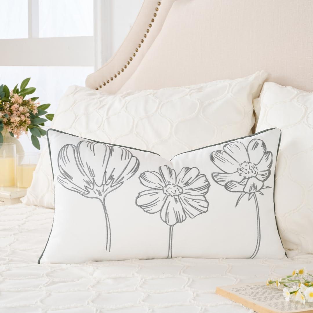 Sunkifover Decorative Lumbar Pillow Cover 12x20 Inch Grey and White Cotton Embroidery Flower Throw Pillowcase Cushion Cover for Bed Bedroom, Living Room, Sofa