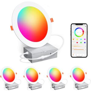 Smart Recessed Lighting 6 Inch RGBCW Color Changing 16W LED Downlights with Junction Box,1350 Lumen Canless Wafer Recessed Ceiling Lights Work with Alexa,Music Sync,DIY Scenes,Timer,23 Modes,4 Pack