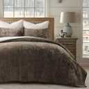 EVERGRACE Velvet Quilt Set King Size, Luxurious Soft Quilted Bedding Sets, Lightweight Velvet Comforter for All Season, Striped Channel Bedspread Coverlet with 2 Shams, Mushroom Brown