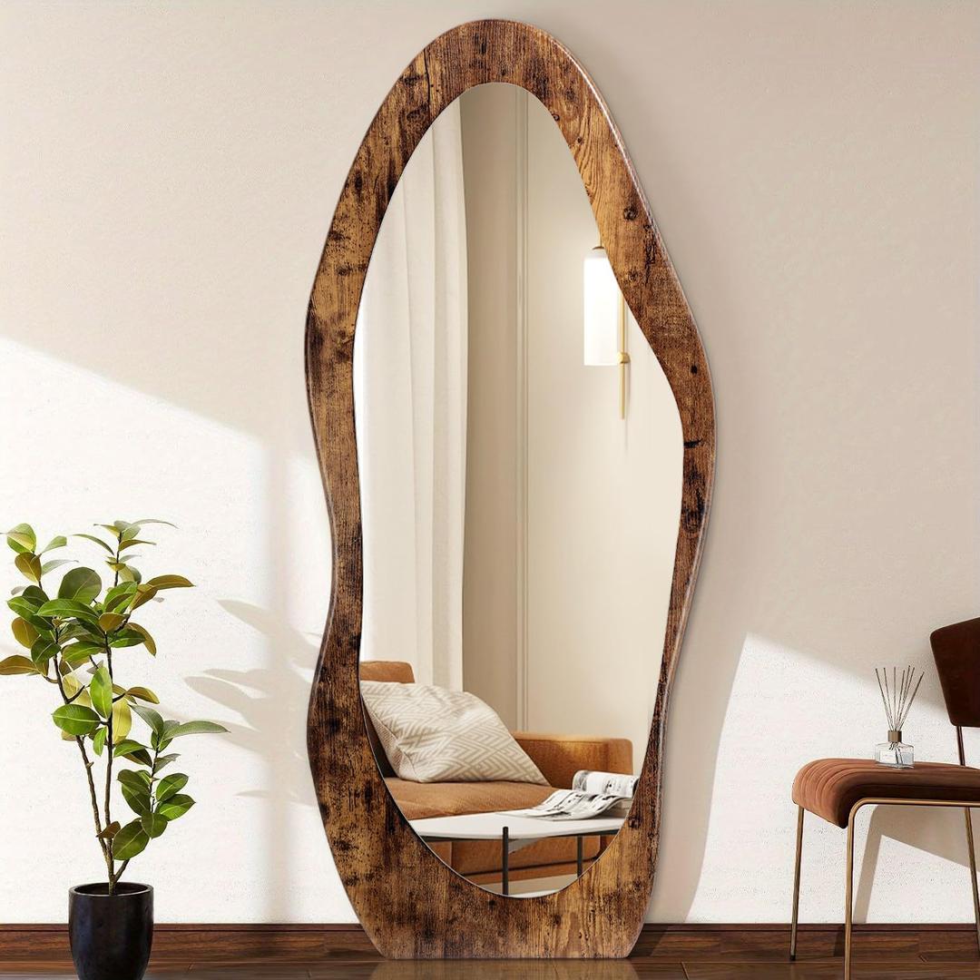 FEUFOAM Full Length Mirror 59" x 24" Irregular Wall Mirrors Wood Framed Full Body Mirror Hanging or Leaning Against Wavy Floor Mirrors for Living Room Bedroom Entryway Bathroom Retro Brown