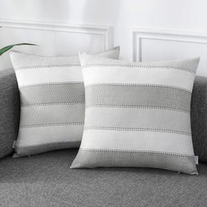 AmHoo Pack of 2 Farmhouse Stripe Check Throw Pillow Covers Set Case Cotton Linen Decorative Pillowcases Cushion Cover for Couch Bench Sofa 16x16Inch Light Grey Beige