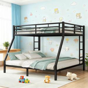 Queen-Over-King Size Metal Bunk Bed, Heavy Duty Bunk Beds with Dual-Side Climbing Ladders, Full-Coverage Safety Rail, for Adults, Youth & Guest Rooms, Matte-Black